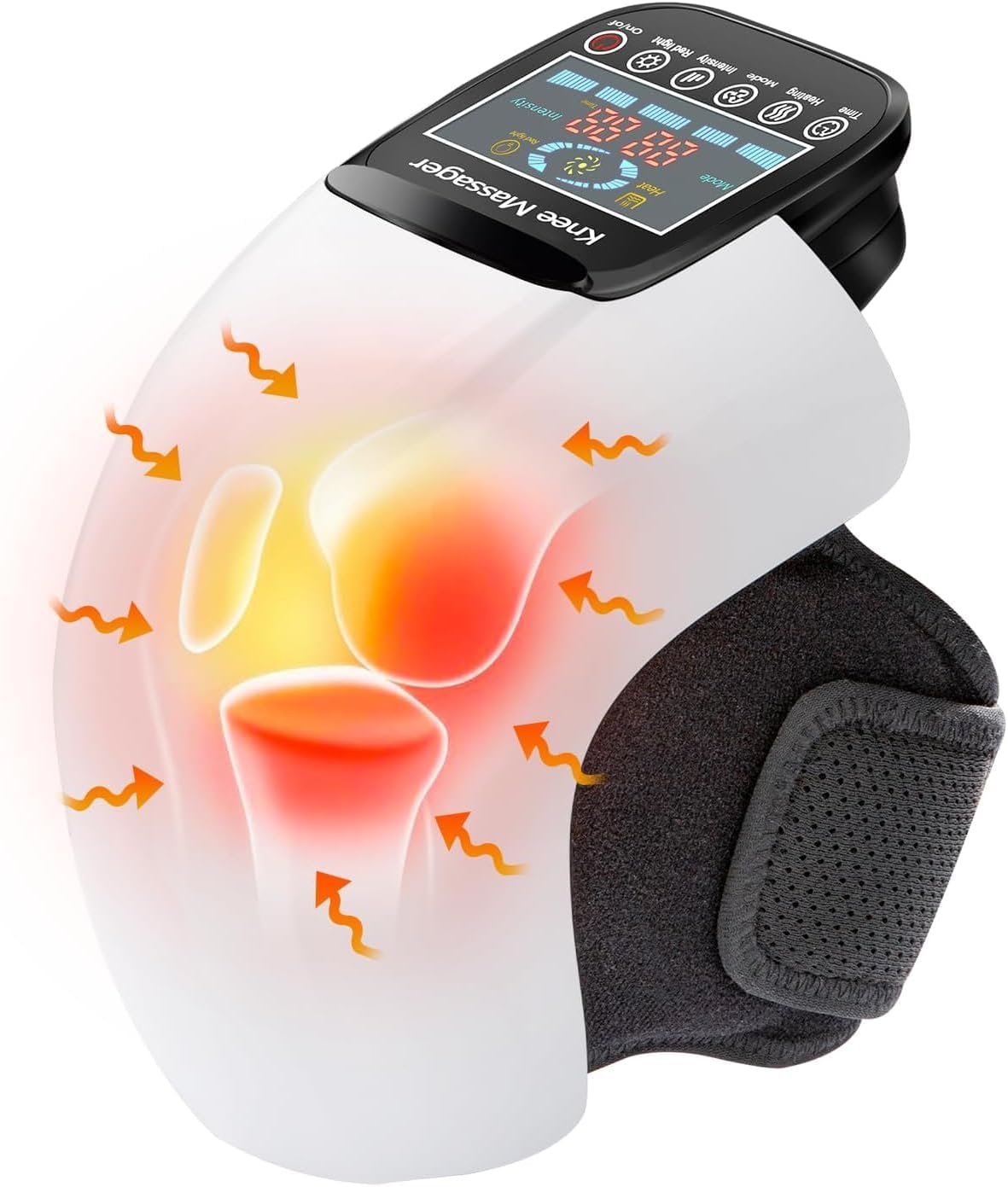 Healumix FlexHeat cordless knee massager heat therapy on knee, white shell