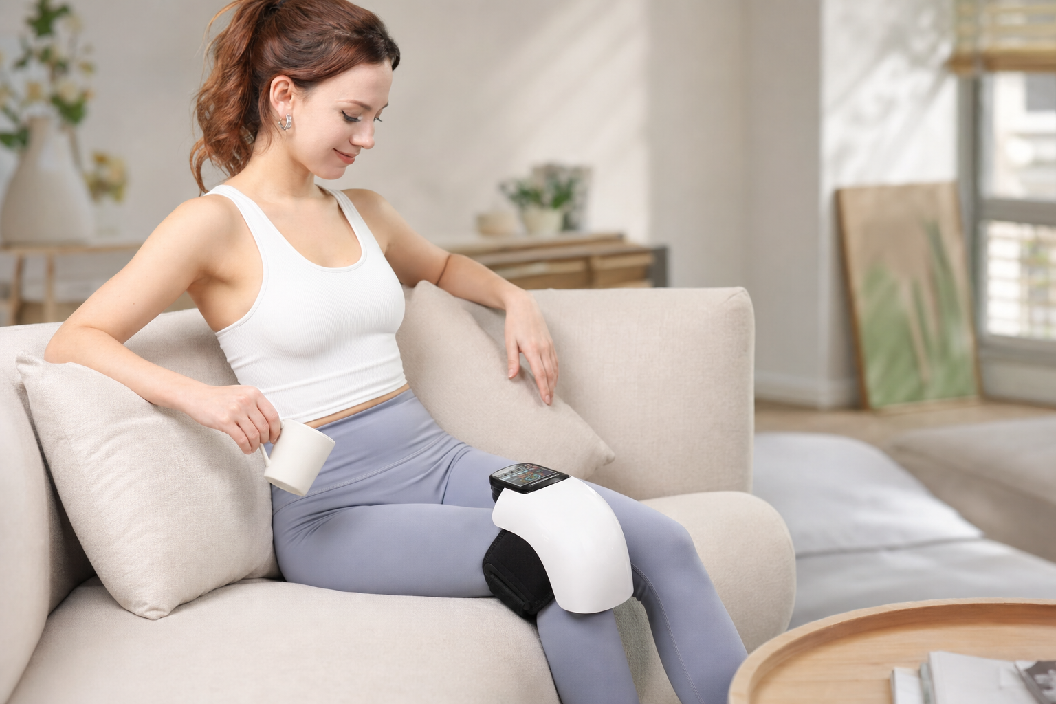 Woman using FlexHeat knee massager on sofa at home