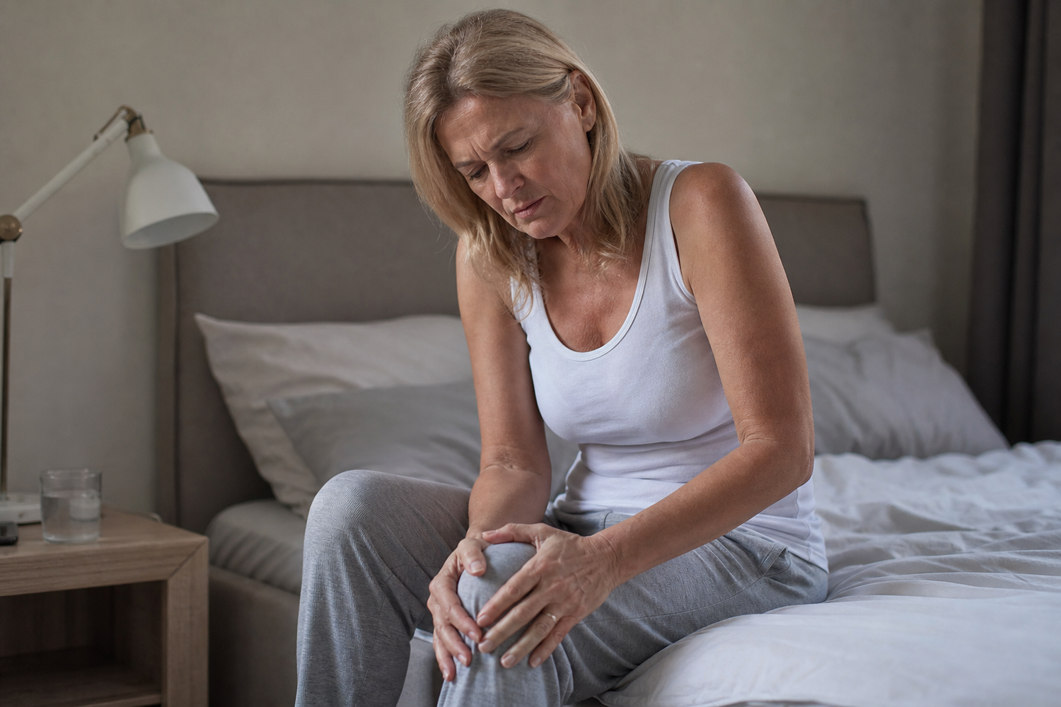 Woman with morning knee stiffness and pain sitting on bed