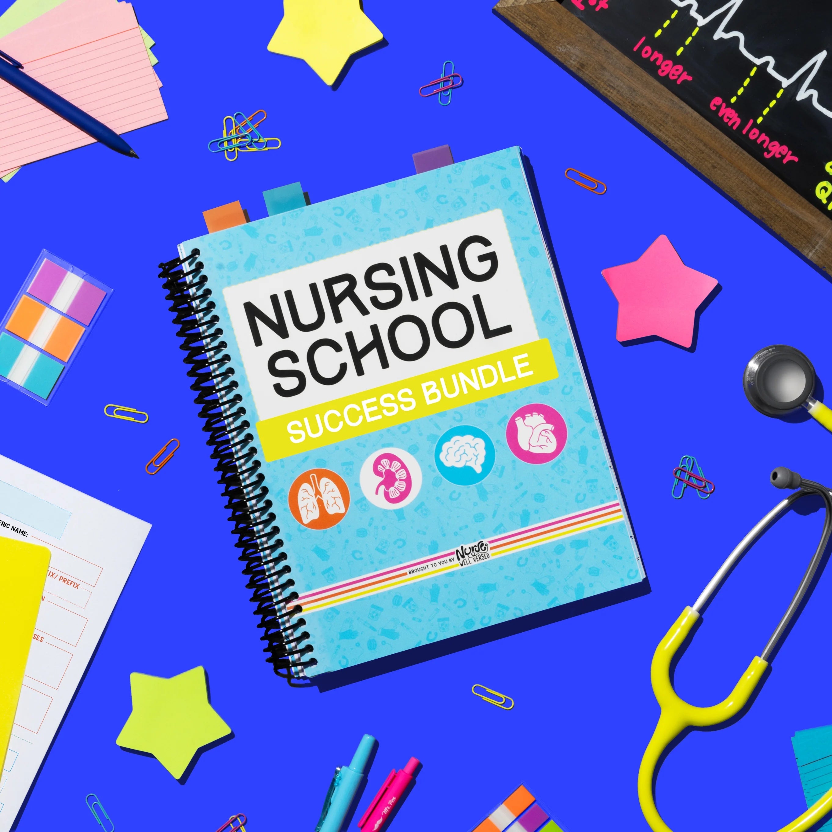 Nursing School Success Bundle spiral book on a cobalt background with study supplies